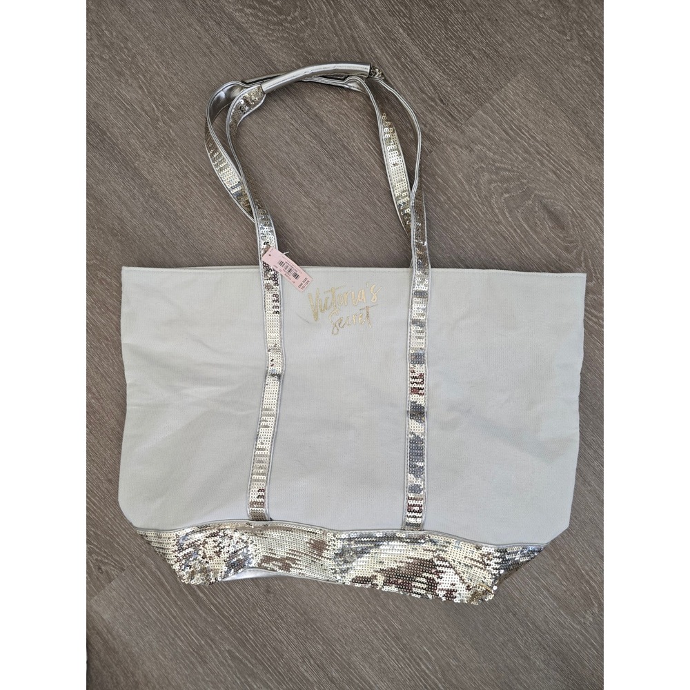 Victorias Secret Canvas Sequin Tote Bag Silver Gold Logo Large Beach Bag NEW
